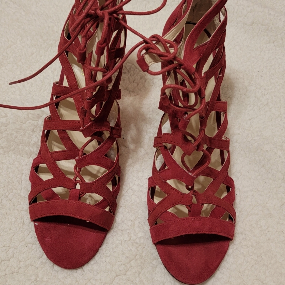 Nine West Red Laced 3.5 Heeled Sandals size US 9.5